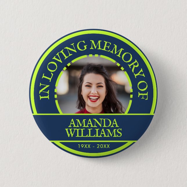 Personalisiertes Foto Modernes Memorial Blue Green Button (Vorderseite)