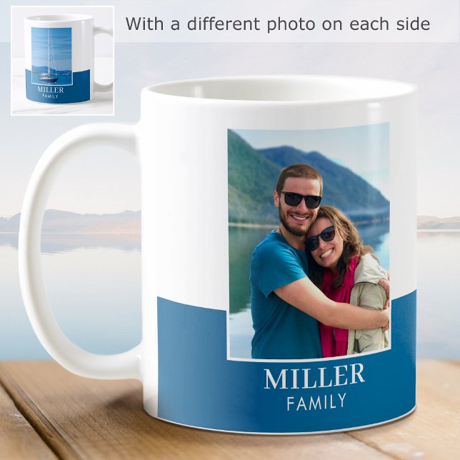 Personalisiertes Foto Name Blue Modern Kaffeetasse (Von Creator hochgeladen)