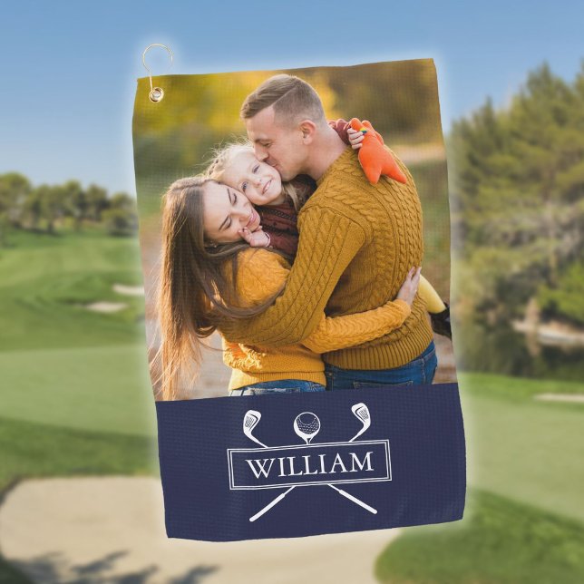 Personalisiertes Foto Name Navy Blue Golf Clubs Ba Golfhandtuch (Personalized Photo Name Navy Blue Golf Clubs Ball Golf Towel)