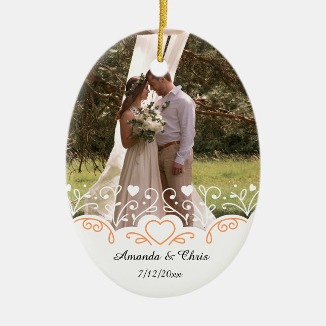 Personalisiertes Foto, Name und Datum der Hochzeit Keramik Ornament (Vorne)