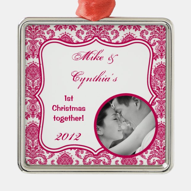 Personalisiertes Foto Ornament Fusia White Damask  (Vorne)