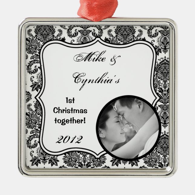 Personalisiertes Foto Ornament Schwarz-weiß Damask (Vorne)
