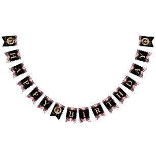 Personalisiertes Foto Rosa Blütenschwarz Geburtsta Wimpelkette