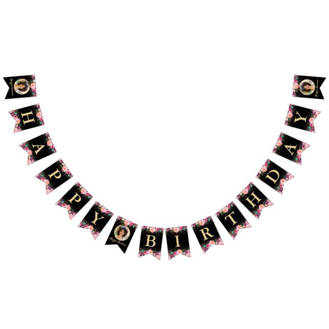 Personalisiertes Foto Rosa Blütenschwarz Geburtsta Wimpelkette (Alle)