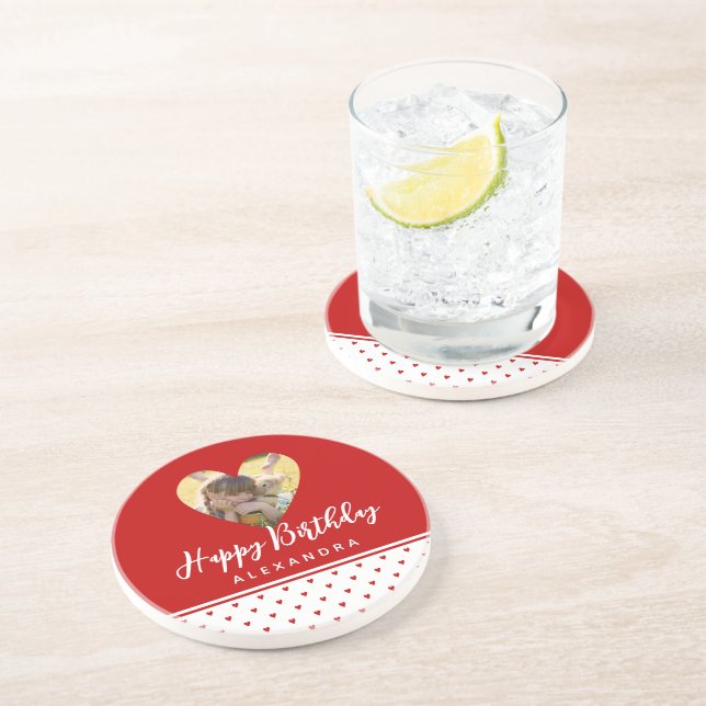 Personalisiertes Foto Rotes Herz Rahmen Modern Geb Getränkeuntersetzer (Seite)