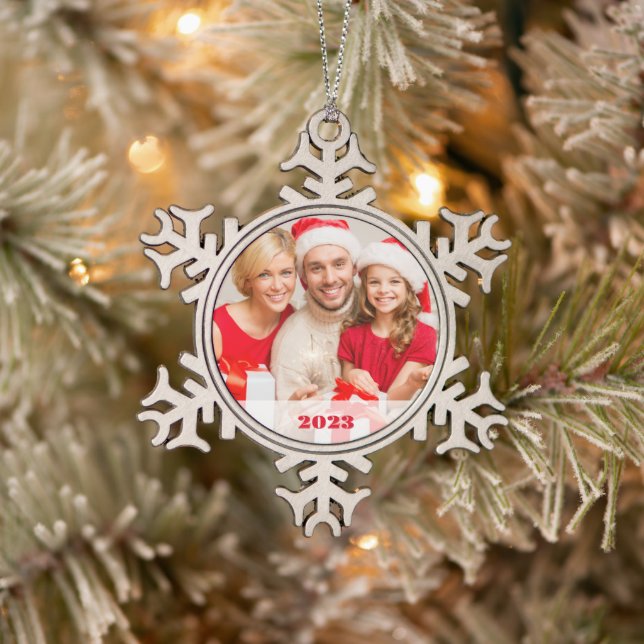 Personalisiertes Foto Schneeflocke Gerahmte Orname Schneeflocken Zinn-Ornament (Baum)