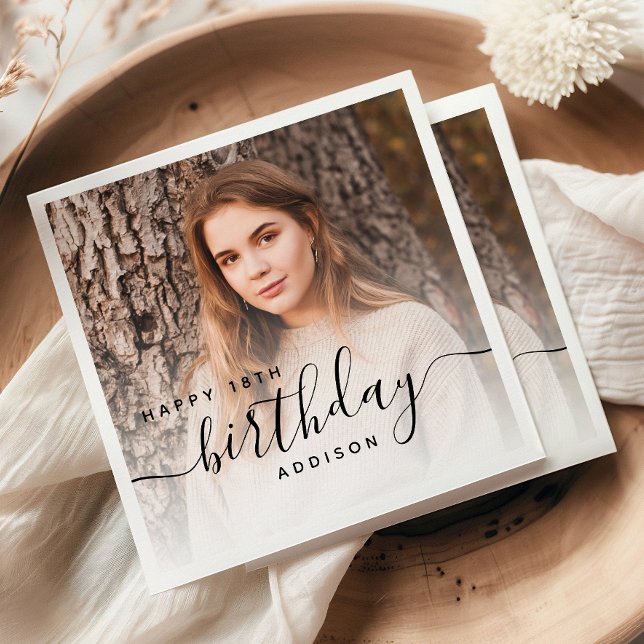 Personalisiertes Foto Schwarze Schrift 18. Geburts Serviette (Von Creator hochgeladen)