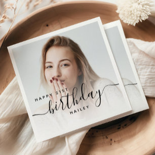 Personalisiertes Foto Schwarze Schrift 21. Geburts Serviette