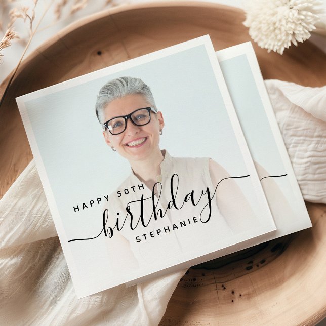 Personalisiertes Foto Schwarze Schrift 50. Geburts Serviette (Von Creator hochgeladen)