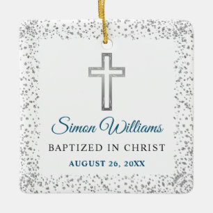 Personalisiertes Foto Silver Glitzer Cross Baptiss Keramikornament