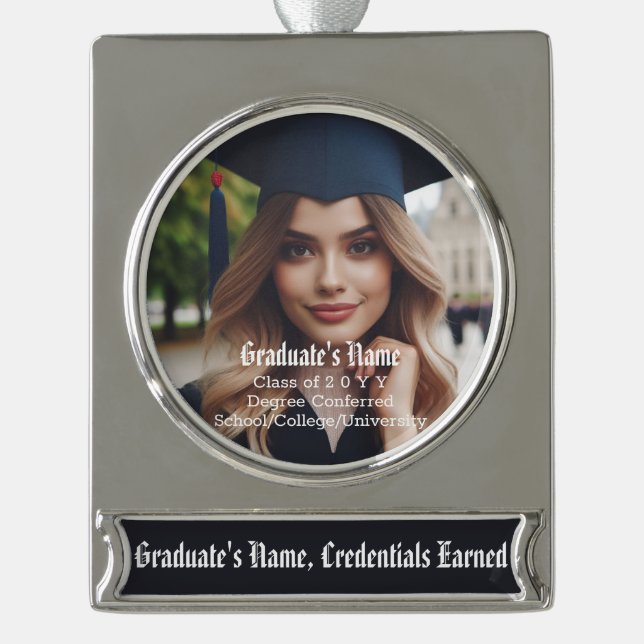Personalisiertes Foto und Name, Abschluss-Klasse Banner-Ornament Silber (Vorderseite)