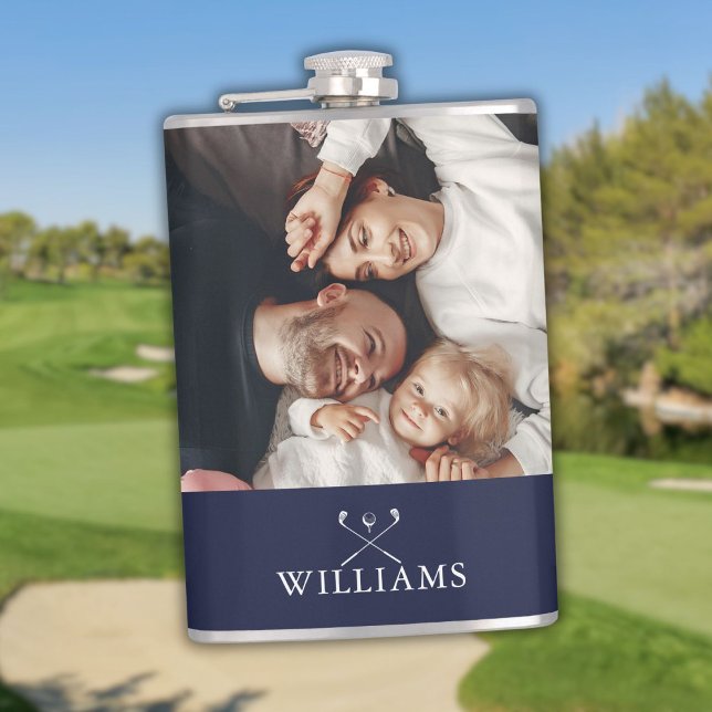Personalisiertes Foto und Name Golf Clubs Navy Blu Flachmann (Personalized Photo And Name Golf Clubs Navy Blue Flask)
