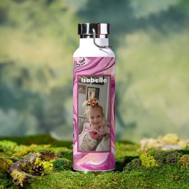 Personalisiertes Foto und Name Rosa und Magenta Trinkflasche (Außenbereich)