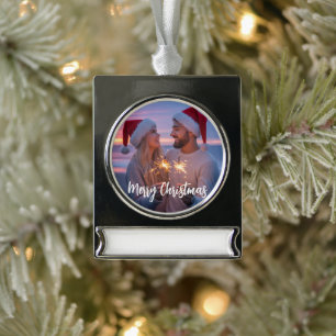 Personalisiertes Foto- und Text-Weihnachten 2025 B Banner-Ornament Silber