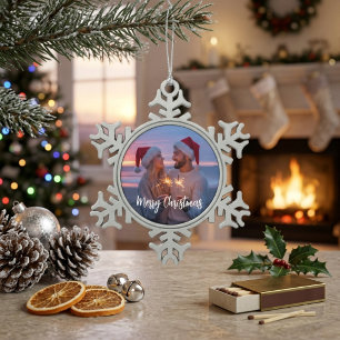 Personalisiertes Foto- und Text-Weihnachten 2025 B Schneeflocken Zinn-Ornament