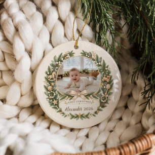 Personalisiertes Foto vom ersten Weihnachten des B Keramik Ornament