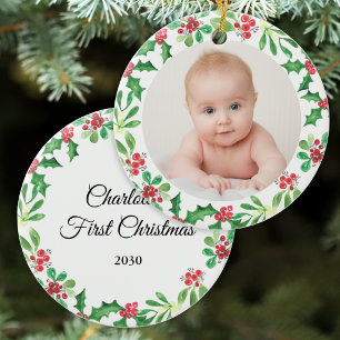 Personalisiertes Foto vom ersten Weihnachten des B Keramik Ornament