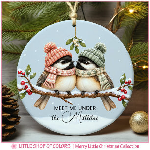 Personalisiertes Foto von Mistelzweig-Meisen-Paar Keramik Ornament