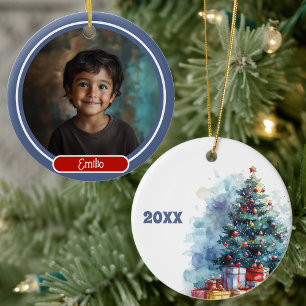 Personalisiertes Foto Wasserfarbener Weihnachtsbau Keramik Ornament