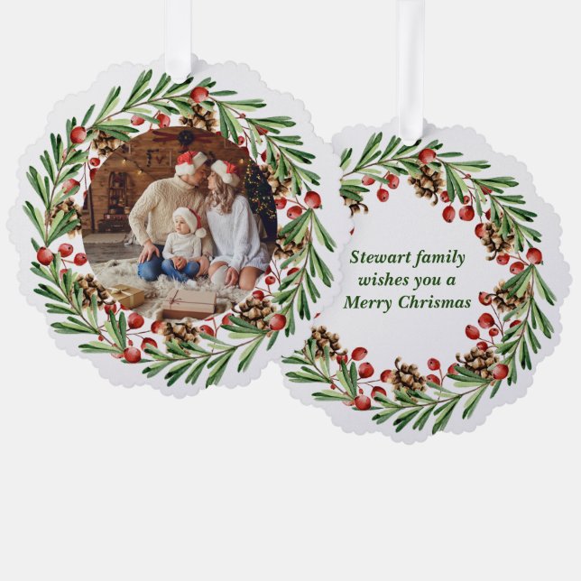 Personalisiertes Foto Weihnachten Berry Natureath Ornament Karte (Vorderseite/Rückseite)