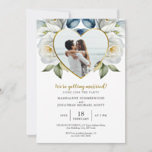 Personalisiertes Foto Weißrosen und Herzrahmen Einladung