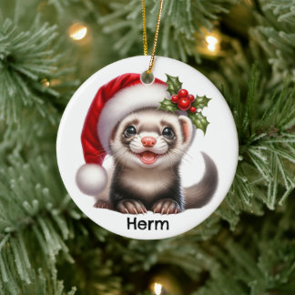 Personalisiertes Frettchen mit Weihnachtsmannmütze Keramik Ornament
