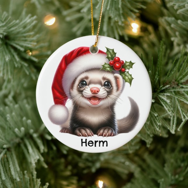 Personalisiertes Frettchen mit Weihnachtsmannmütze Keramik Ornament (Baum)