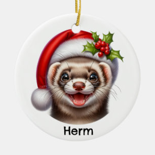 Personalisiertes Frettchen mit Weihnachtsmannmütze Keramik Ornament
