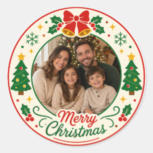 Personalisiertes Frohe Weihnachten Familienfoto Kr Runder Aufkleber