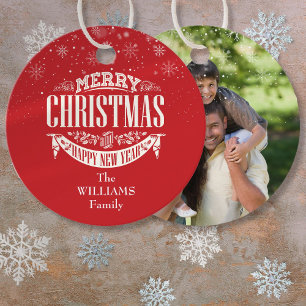 Personalisiertes Frohe Weihnachten Foto Rot Geschenkanhänger