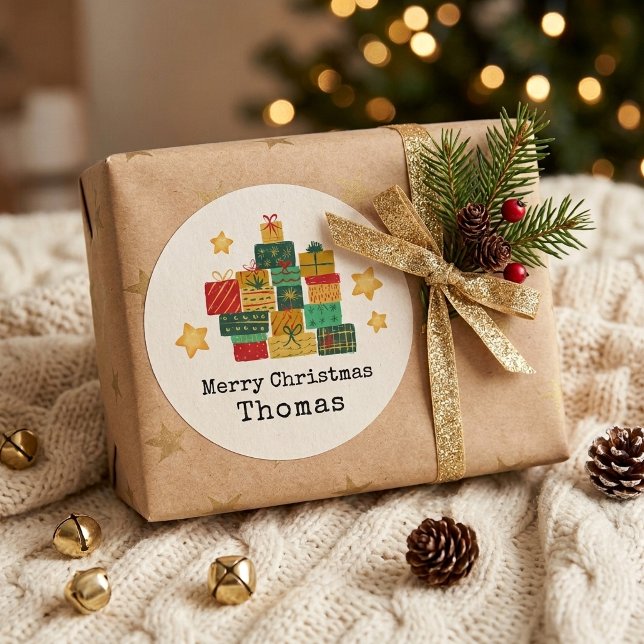 Personalisiertes Frohe Weihnachten Geschenk-Stack Runder Aufkleber (Von Creator hochgeladen)