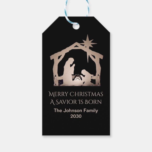 Personalisiertes Frohe Weihnachten Gold Krippensze Geschenkanhänger (Vorderseite)