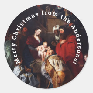 Personalisiertes Frohe Weihnachten Nativität Runder Aufkleber