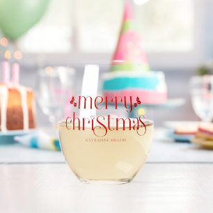 Personalisiertes Frohe Weihnachten Rot Typography Weinglas Ohne Stiel