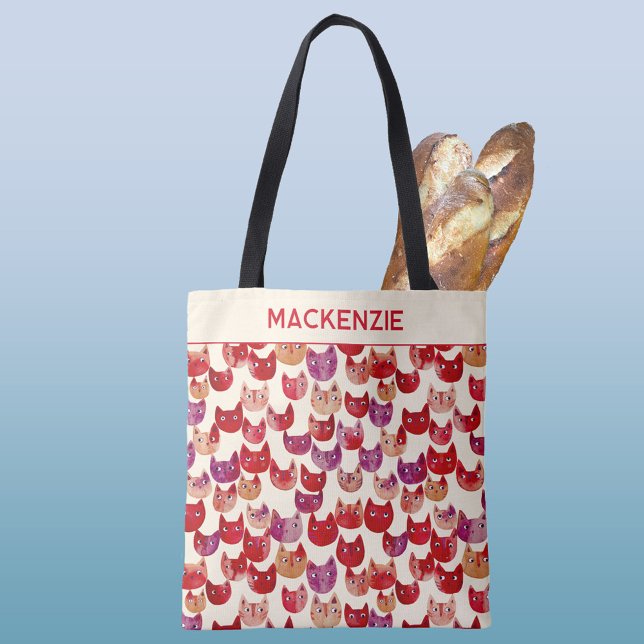 Personalisiertes Fun Farbiges Wasserfarben Muster (Fun personalized custom name kitty cat watercolor pattern colorful tote bag)