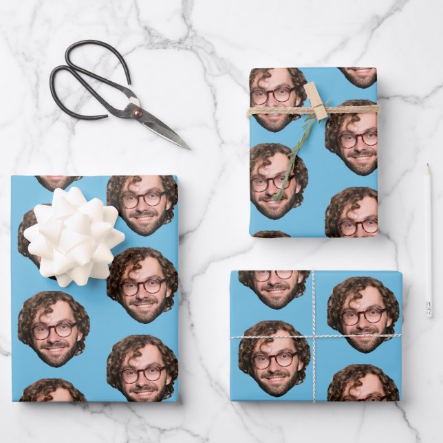 Personalisiertes Funny Blue Custom Face Foto Geschenkpapier Set (Vorderseite)