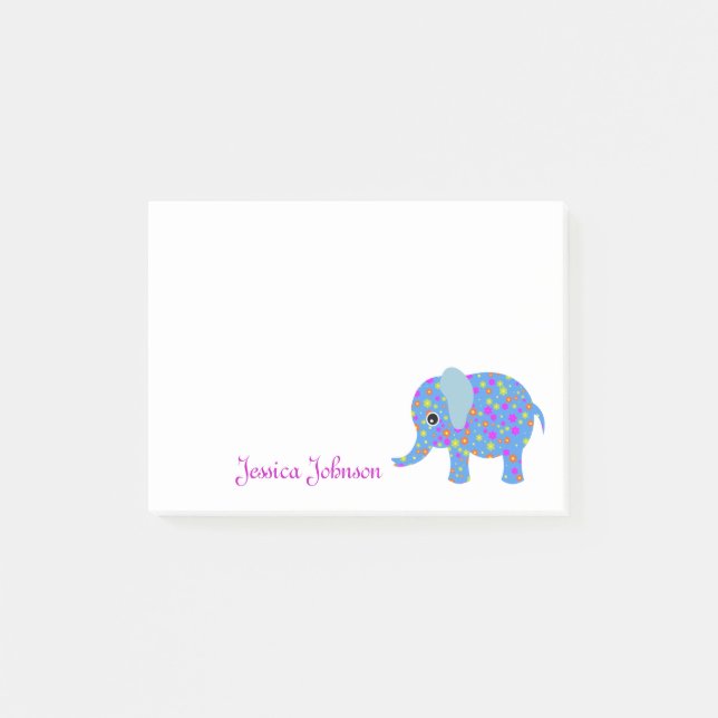 Personalisiertes Funny Blue Floral Elephant Notizb Post-it Klebezettel (Vorderseite)