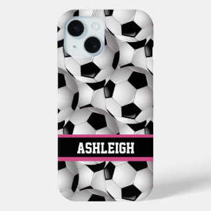 Personalisiertes Fußball-Kugelmuster Schwarz Rosa  iPhone 15 Hülle