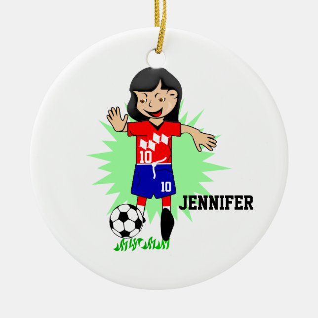 Personalisiertes Fußball-Mädchen, das Verzierung Keramik Ornament (Vorne)
