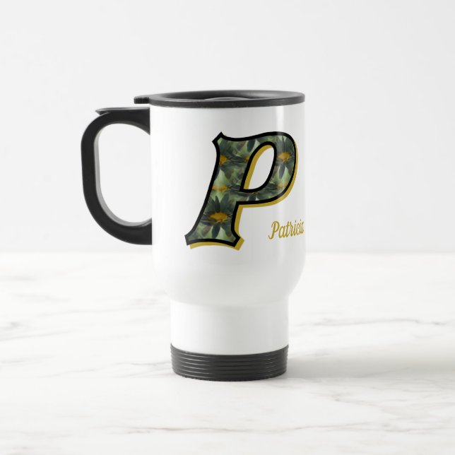 Personalisiertes Gänseblümchen-Monogramm Anfangsbu Reisebecher (Links)