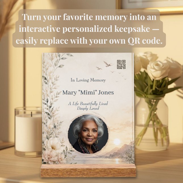 Personalisiertes Gedenken mit Foto und QR-Code Acrylschild (Personalized memorial acrylic with QR code keepsake for music, videos, voice messages & memories)