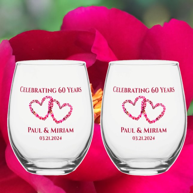 Personalisiertes Geschenk zum 60. Jubiläum Weinglas Ohne Stiel (Celebrate a 60th anniversary with personalized name date beautiful pink peony heart wine glasses
)