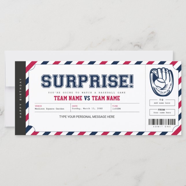 Personalisiertes Geschenkticket für das Baseball-S (Vorderseite)