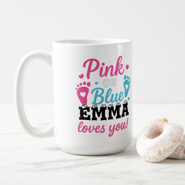 Personalisiertes Geschlecht zeigt rosa oder blaues Kaffeetasse (Mit Donut)
