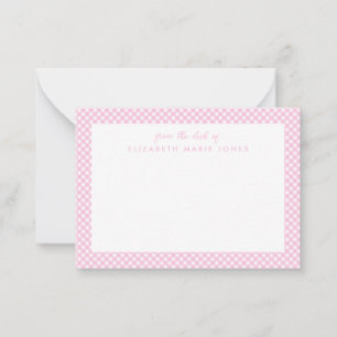 Personalisiertes Gingham-Kinder-Blush-Rosa-Karo Mitteilungskarte