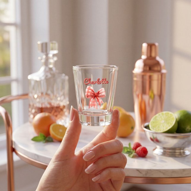 Personalisiertes Gingham-Schleifendesign in Schrif Schnapsglas (Von Creator hochgeladen)