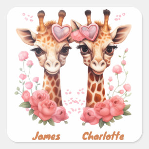 Personalisiertes Giraffenpaar zum Valentinstag Quadratischer Aufkleber
