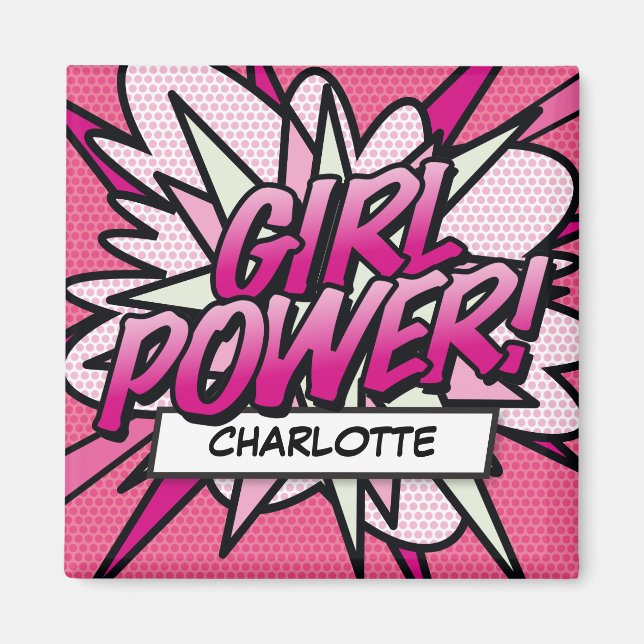 Personalisiertes GIRL POWER Comic Rosa Magnet (Vorne)