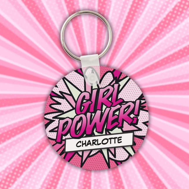 Personalisiertes GIRL POWER Comic Rosa Schlüsselanhänger (Personalized GIRL POWER Comic Book Pink Keychain)
