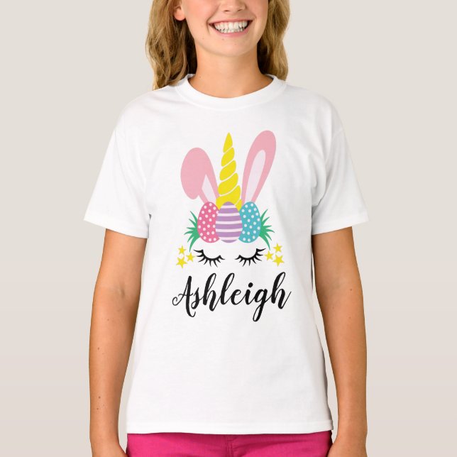 Personalisiertes Girl Unicorn Ostergeschenk Bunny  T-Shirt (Vorderseite)